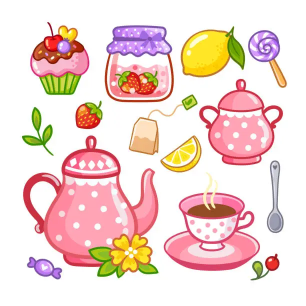 Vector illustration of Vector set of illustrations on a tea theme and tea utensils. Cute cartoon collection with cakes.