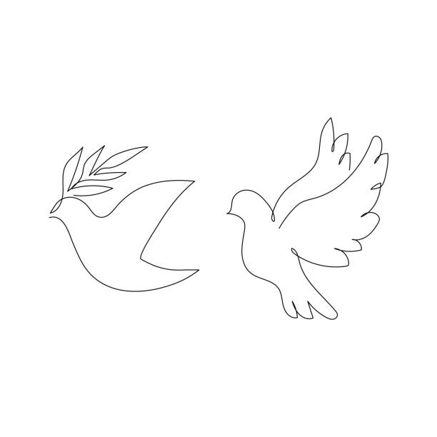 連続した1本の線画の鳩の鳩のセット。枝と鳩が飛んでいる鳩。ミニマルなラインアート。 - nature animal bird branch点のイラスト素材／クリップアート素材／マンガ素材／アイコン素材