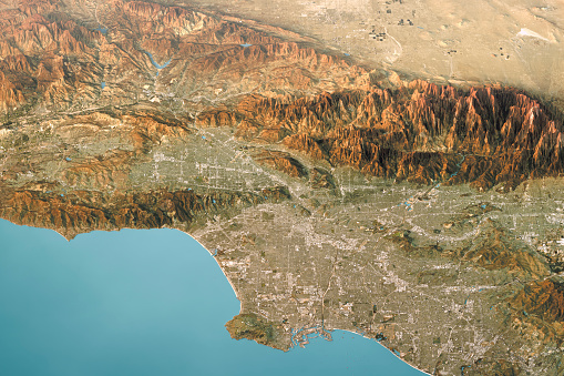 3D Render of a Topographic 3D View of Los Angeles County. 
All source data is in the public domain.
Contains modified Copernicus Sentinel data (June 2021) courtesy of ESA. 
URL of source image: https://scihub.copernicus.eu/dhus/#/home.
Relief texture: 3DEP data, courtesy of USGS The National Map. 
URL of source image: https://apps.nationalmap.gov/downloader/#/