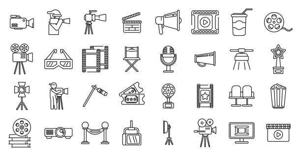 Cinematographer icons set outline vector. Cinema movie Cinematographer icons set outline vector. Cinema movie. Film video film crew icon stock illustrations