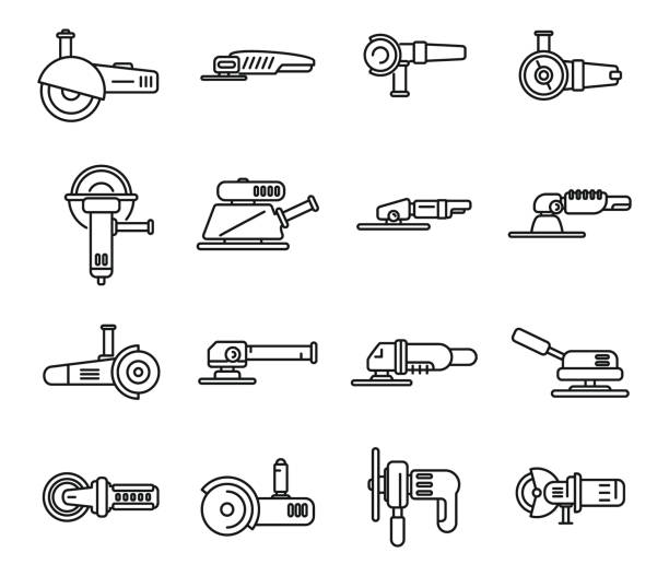 schleifmaschinensymbole setzen umrissvektor. build-konstrukt - slicing machine stock-grafiken, -clipart, -cartoons und -symbole