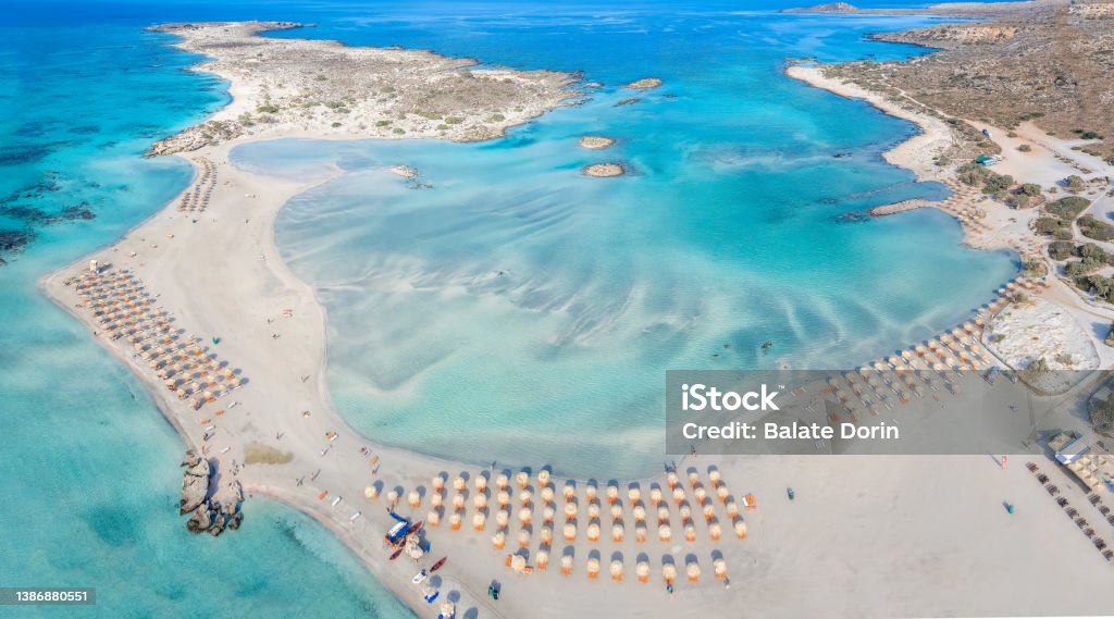 Aerial view of Elafonissi beach, Crete Aerial view of Elafonissi beach, Crete, Greece Crete Stock Photo