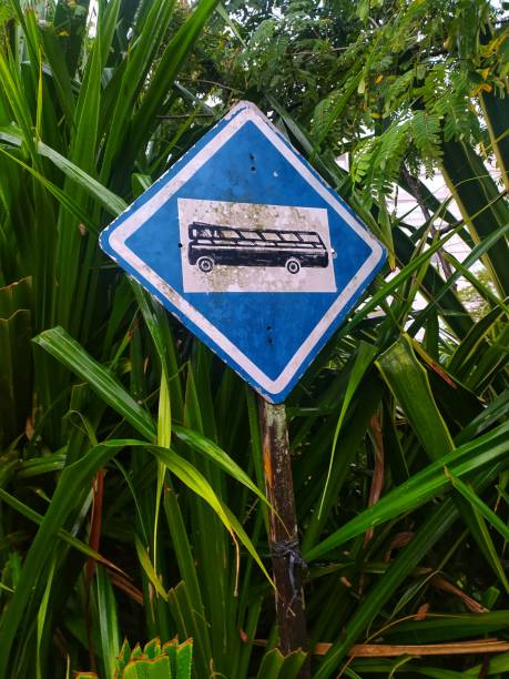 istock Blue bus stop sign in a rural area 1386881917