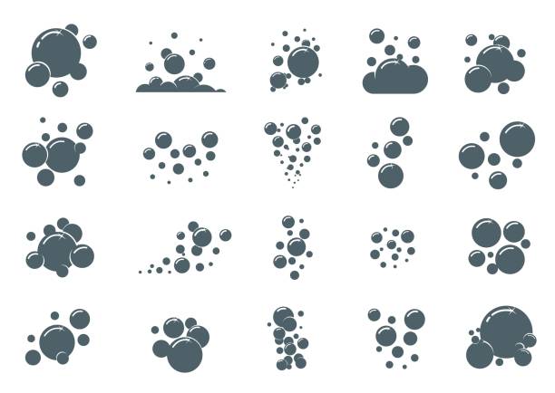 stockillustraties, clipart, cartoons en iconen met soap bubble icons. simple monochrome air froth compositions. soda water fizzy effect. black boiling silhouettes. foam graphics. shampoo or powder scum. vector isolated soapy spheres set - bubbles