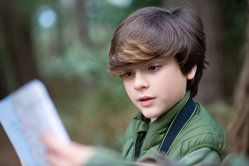 Portrait of boy looking at map. Dark-haired schoolboy in vest studying map. Nature, leisure concept