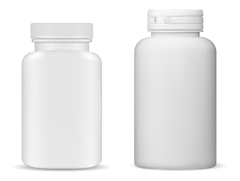 Supplement bottle mockup. Vitamin pill bottle, isolated white plastic container. Medicine capsule jar blank. Pharmaceutical medicament product package design. Realistic antibiotic drugs bottle