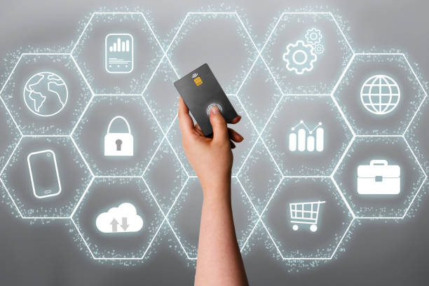 istock Woman hand showing credit card with virtual interface global network. 1386885442