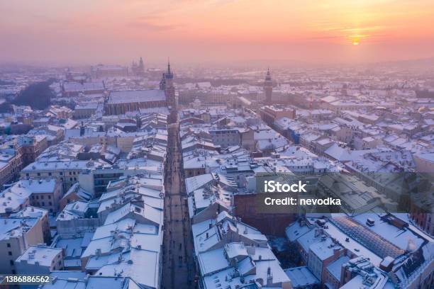 Krakow Old Town In Winter Aerial View Stock Photo - Download Image Now - Winter, Krakow, City