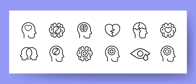 Psychological state icons set. Heartbreak, split personality, healthy thinking and meditation icons. Psychology concept. Vector EPS 10.