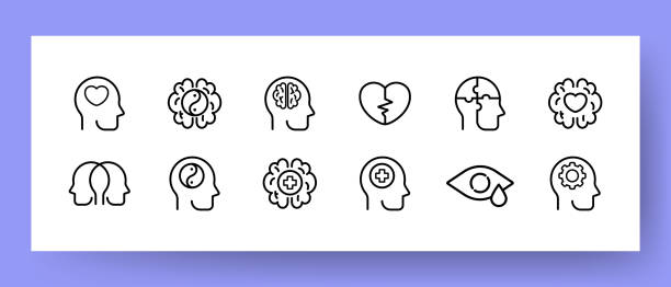 Psychological state icons set. Heartbreak, split personality, healthy thinking and meditation icons. Psychology concept. Vector EPS 10 Psychological state icons set. Heartbreak, split personality, healthy thinking and meditation icons. Psychology concept. Vector EPS 10. memories stock illustrations