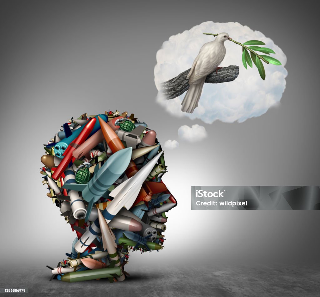 Dream Of No War Dream of no war concept as a group of weapons and bombs or explosive devices shaped as a human head dreaming of peace as a dove with an olive branch with 3D illustration elements. Disarmament Stock Photo