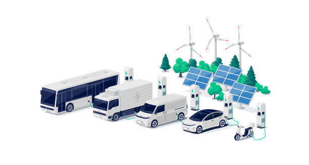 Company electric cars fleet charging on renewable energy"n Company electric cars fleet charging on parking lot with fast charger station and many charger stalls. Bus, truck, van, motorcycle, business vehicles on renewable solar wind energy in network grid. car truck icons stock illustrations