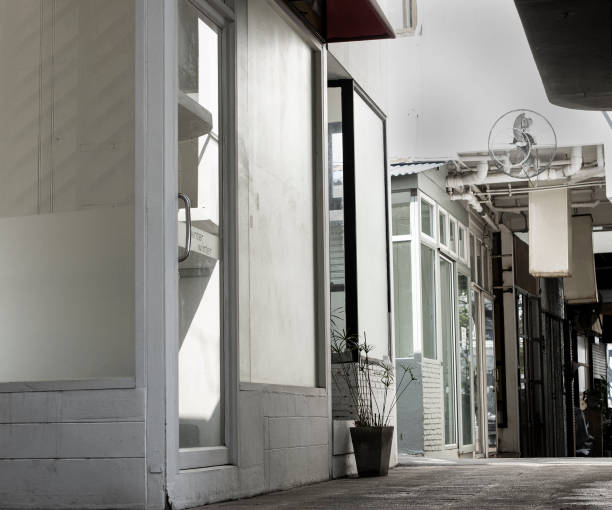 white door in front of the shop