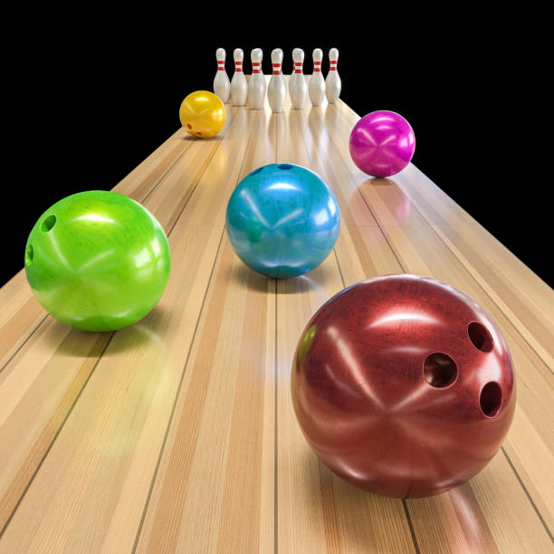 colored bowling balls and skittles. 3d render.