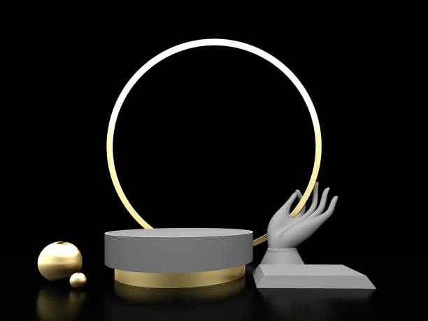 istock Abstract golden and loft stage podium. Luxury and modern platform for product display advertising with golden ring, spheres and loft hand sculpture black background 3D Render 1386888832