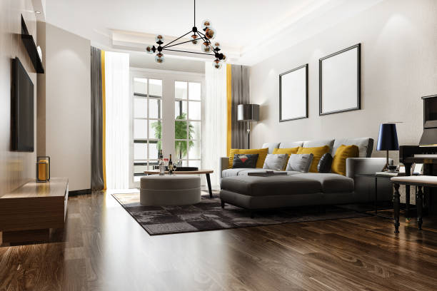 istock 3d rendering loft luxury living room with shelf and piano 1386889813
