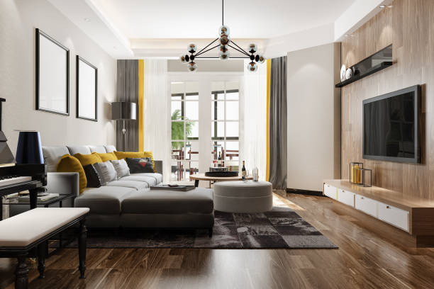 istock 3d rendering loft luxury living room with shelf and piano 1386889816