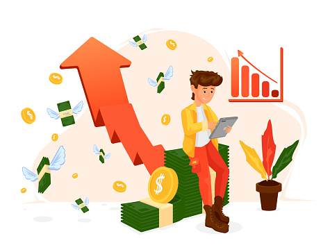 Vector illustration of 3D young man dealing with company earnings and stock market. This young entrepreneur is leaning on stacked banknotes, holding a tablet and following the stock market with a smiling face. Above the lower banknotes to the side is a large coin, with an upward arrow on the back denoting exits. On the upper right side of the young entrepreneur, there is a graphic showing ups and downs. There are also floating coins and banknotes with wings. Economy, finance and business life concepts.
