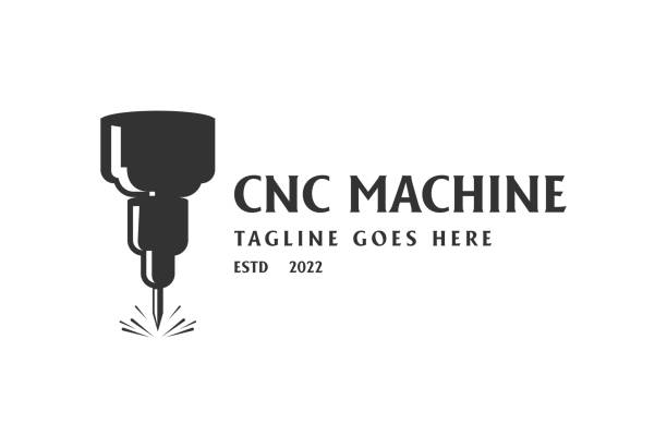 retro vintage maszyna cnc dla przemysłu symbol fabryki design vector - frezowanie obróbka skrawaniem stock illustrations