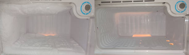 istock Before and after thick ice build up on deep freezer 1386890480