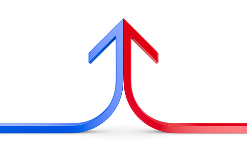arrow formed from two merging red and blue lines on white background. Isolated 3D illustration