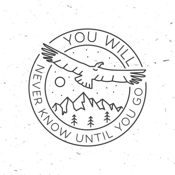 You will never know until you go. Summer camp. Vector. Concept for shirt or icon, print, stamp or tee. Vintage line art design with flying condor, mountains, sky and forest You will never know until you go. Summer camp. Vector illustration. Concept for shirt or icon, print, stamp or tee. Vintage line art design with flying condor, mountains, sky and forest condor stock illustrations