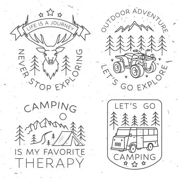 Vector illustration of Set of camping badges, patches. Vector. Concept for shirt or icon, print, stamp or tee. Vintage line art design with elk, forest, quad bike, landscape.