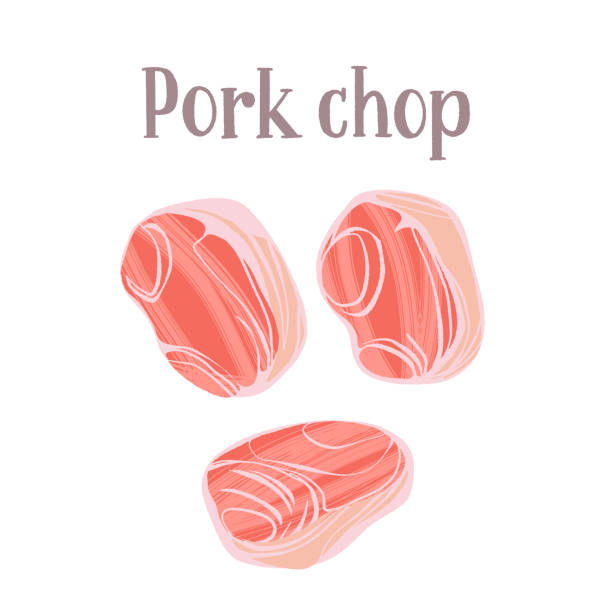 ilustraciones, imágenes clip art, dibujos animados e iconos de stock de deliciosa chuleta de cerdo fresca. producto de nutrición saludable. - pork chop illustrations