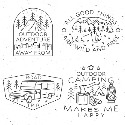 Set of camping badges, patches. Vector. Concept for shirt or icon, print, stamp or tee. Vintage line art design with bear, forest, lantern and axe and mountain landscape.