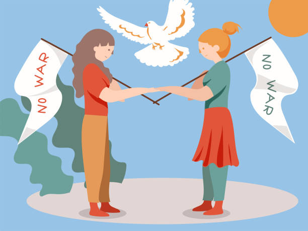 dwie kobiety ściskające dłonie godzące się ze sobą. zakończenie wojny. płaskie tło ilustracji wektorowej - siły pokojowe stock illustrations