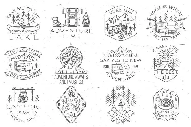Vector illustration of Set of camping badges, patches. Vector illustration. Concept for shirt or icon, print, stamp or tee. Vintage line art design with bear in canoe, lake and forest.