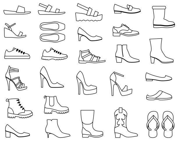 Women's Shoes Outline Icons Single color isolated icons of women's footwear gladiator shoe stock illustrations