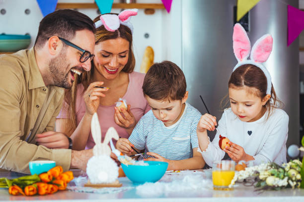 istock Handmade easter eggs painted by the whole family. 1386892711