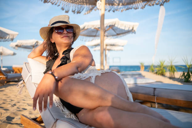 istock A young woman is lying on a deck chair on a luxury beach 1386895019