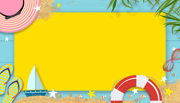 ilustrações de stock, clip art, desenhos animados e ícones de summer background of beach vacation holiday theme with copy space on blue wooden panel, vector horizon banner flat lay tropical summer design with coconut palm leaves border on wood plank texture - slipper beach backgrounds sea