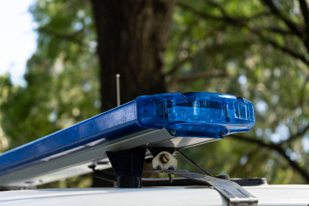 istock Police car lights off. Color blue. 1386896148