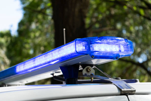 istock Police car lights on. Color blue. 1386896816