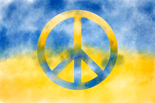 Peace sign with Ukraine flag colors like water painting.