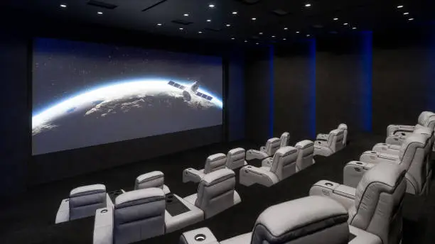 The interior of the private movie theater of a luxury mansion with leather recliners, built-in ceiling speakers and large projection screen.
World map texture credits to NASA: https://visibleearth.nasa.gov/images/74218