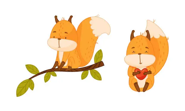 Vector illustration of Adorable funny red squirrel forest animal sitting on thee branch and holding red heart cartoon vector illustration