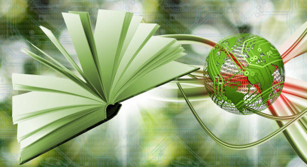 istock Open book on an abstract green background.  Stylized image of the globe in the background. 1386899420