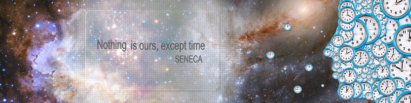 An image of human head made from various clock faces. Place for an inscription on the background of a space landscape. Quote from Seneca's letters Nothing is ours, exept time.