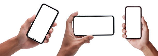 istock Hand holding the black smartphone mockup with blank screen 1386900430