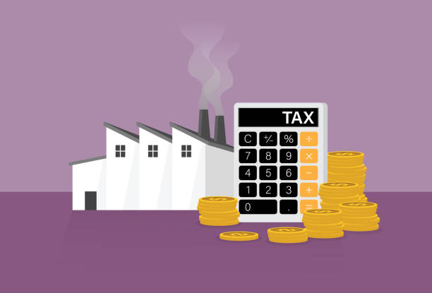 ilustrações de stock, clip art, desenhos animados e ícones de a factory calculates a carbon tax - finance law tax form tax