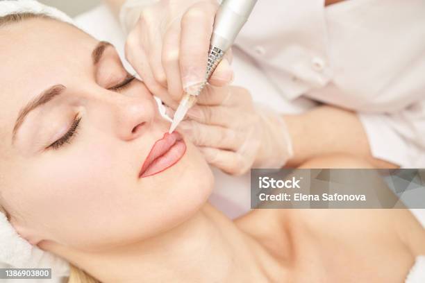 Permanent Makeup Beauty Spa Procedure Young Woman Face Tattoo Stock Photo - Download Image Now
