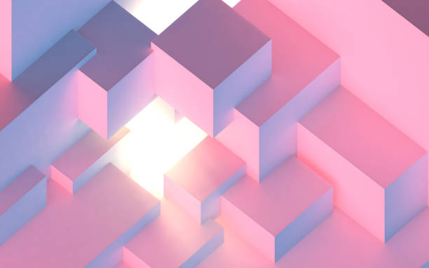 istock Abstract architectural vaporwave background with cube construction in pink and blue lights stage and light beam inside. 3D illustration 1386904342
