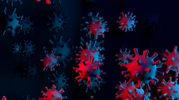 istock Coronavirus COVID-19 3D illustration with red and blue contagious virus cells on abstract dark scientific background for news header. 3D illustration 1386904344