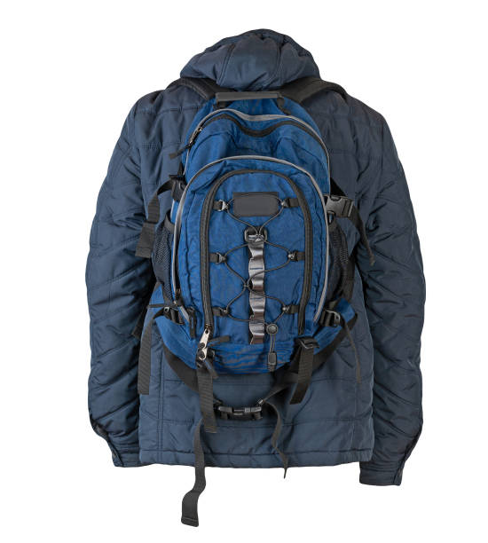 istock black backpack dressed in a red jacket isolated on a white background. 1386905349