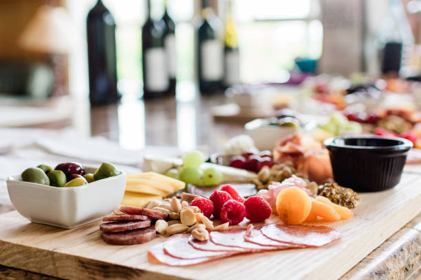 Charcuterie board to pair with wine. stock photo