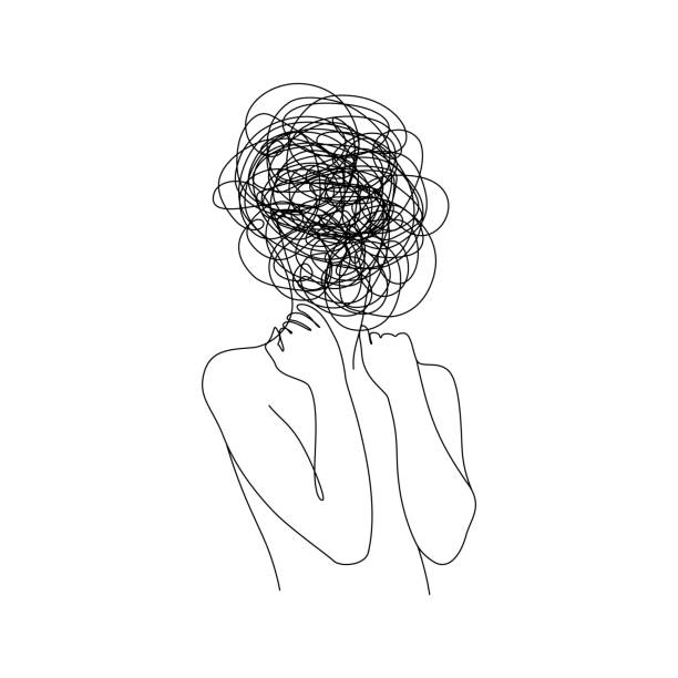 Continuous one line drawing of a woman with confused messy feelings worried about bad mental health. Problems stress illness and depression concept in simple linear style. Doodle Vector illustration Continuous one line drawing of a woman with confused messy feelings worried about bad mental health. Problems stress illness and depression concept in simple linear style. Doodle Vector illustration. hysteria stock illustrations